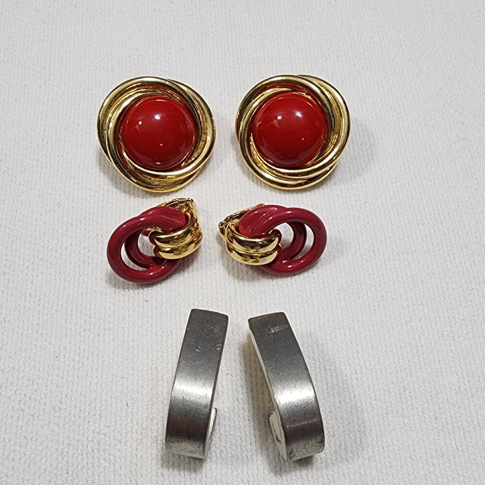 3 Pairs Crown Trifari Earrings Lipstick Red Gold Silver Vintage 1970s - 1980s